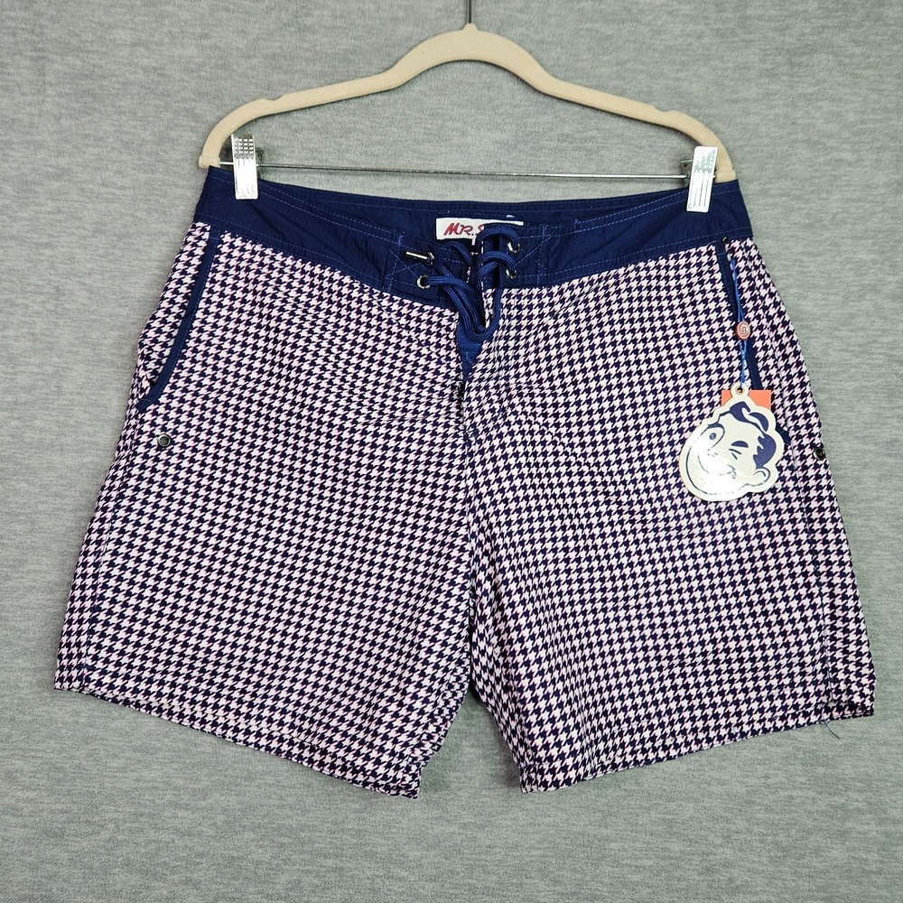 Mr.Swim Trunks Navy Houndstooth Pattern Lined Board Shorts Size 34 NEW